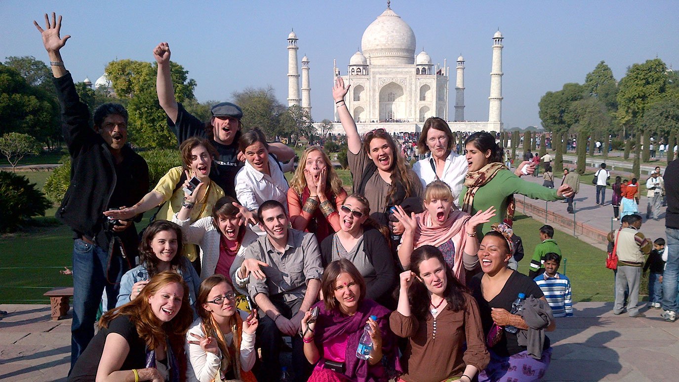 English students posing outside the Taj Mahal