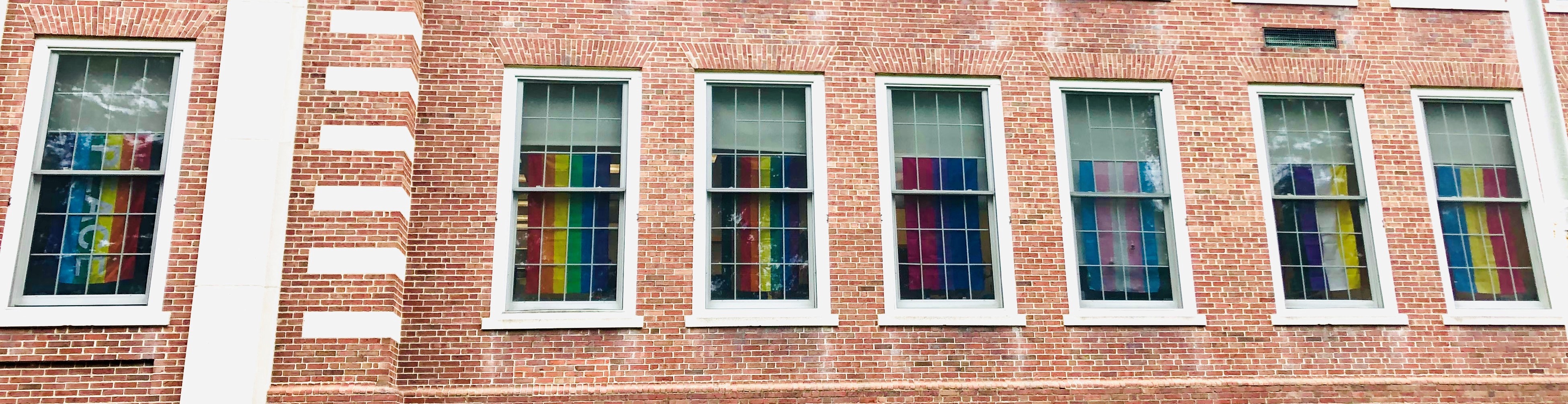 lgbtq pride flags in HR windows. from left to right: rainbow peace, rainbow, Philadelphia pride, bisexuality, transgender, nonbinary, pansexuality
