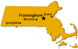 Massachusetts map showing Framingham relative to Boston, Worcester, and Springfield