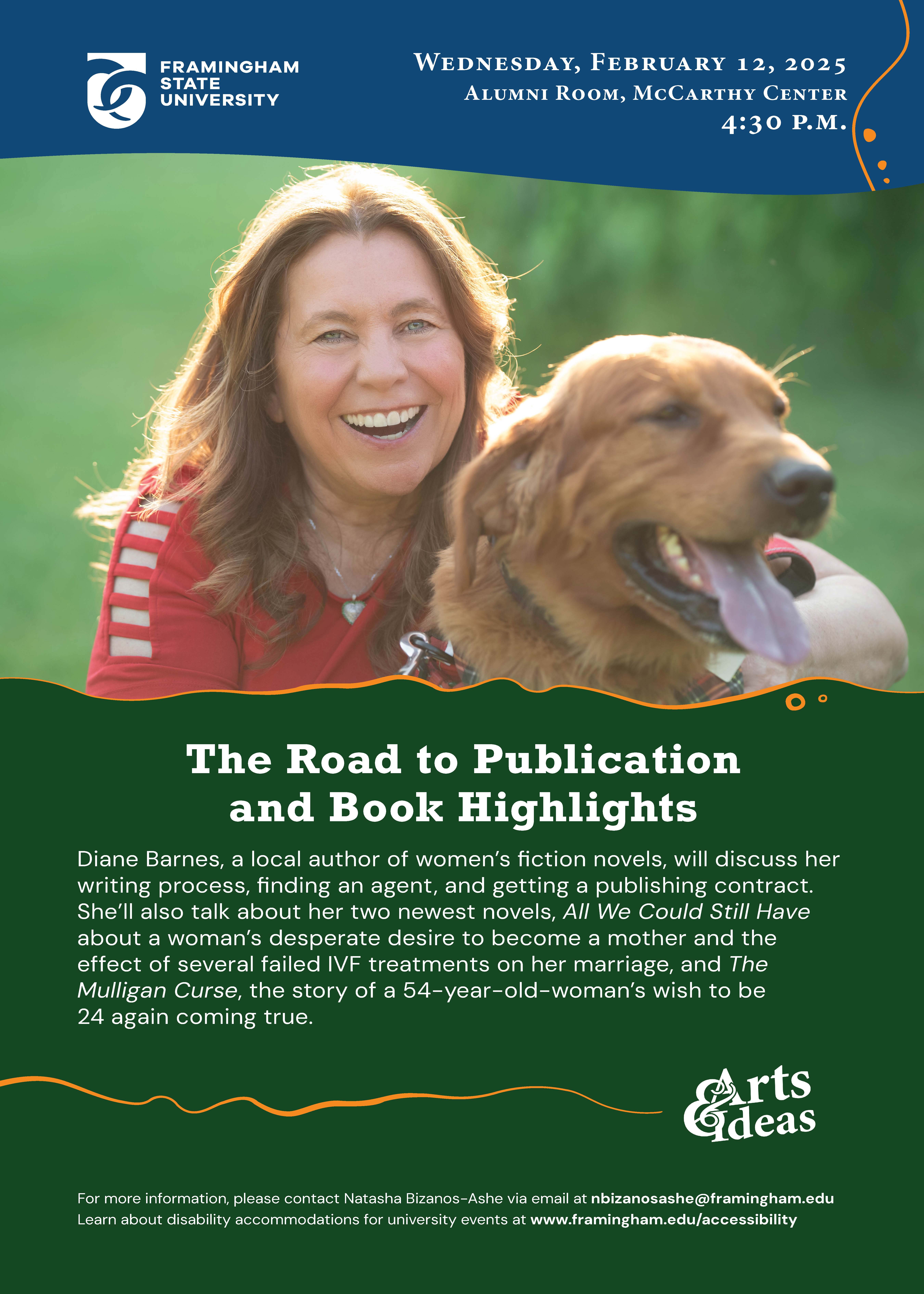 An event poster with a photo of Diane Barnes with her dog