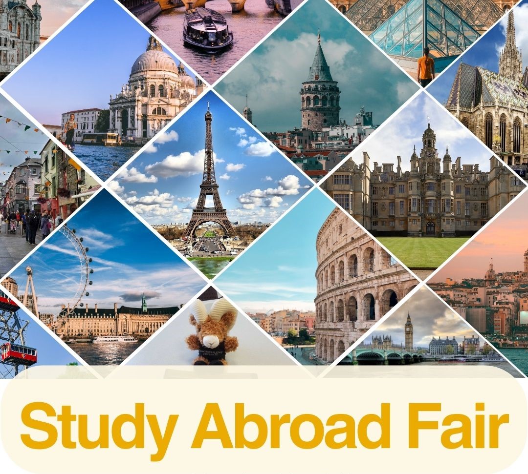 A collage of different locations around the world to promote the Study Abroad Fair