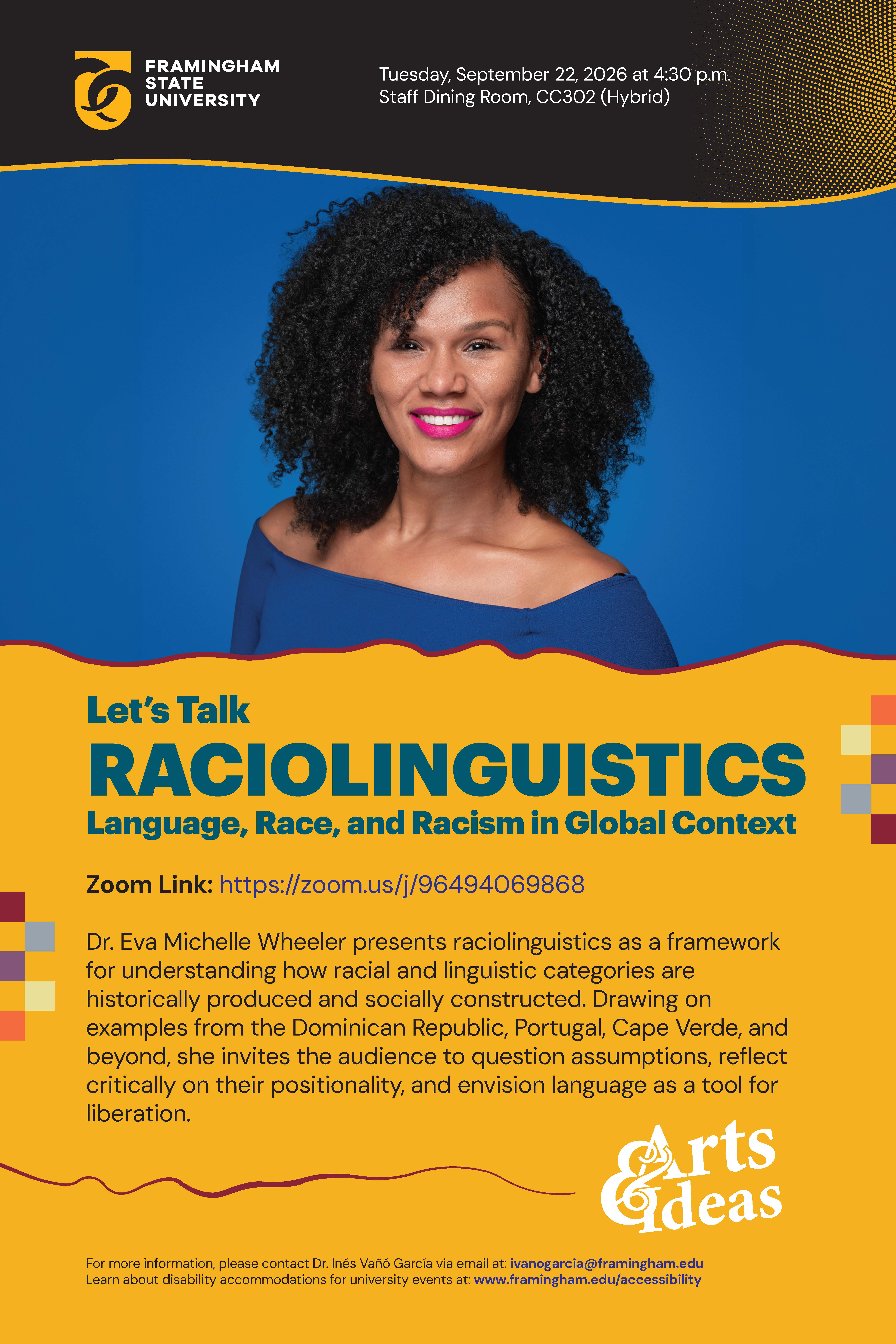 Poster for event featuring Dr. Eva Michelle Wheeler who is pictured. 
