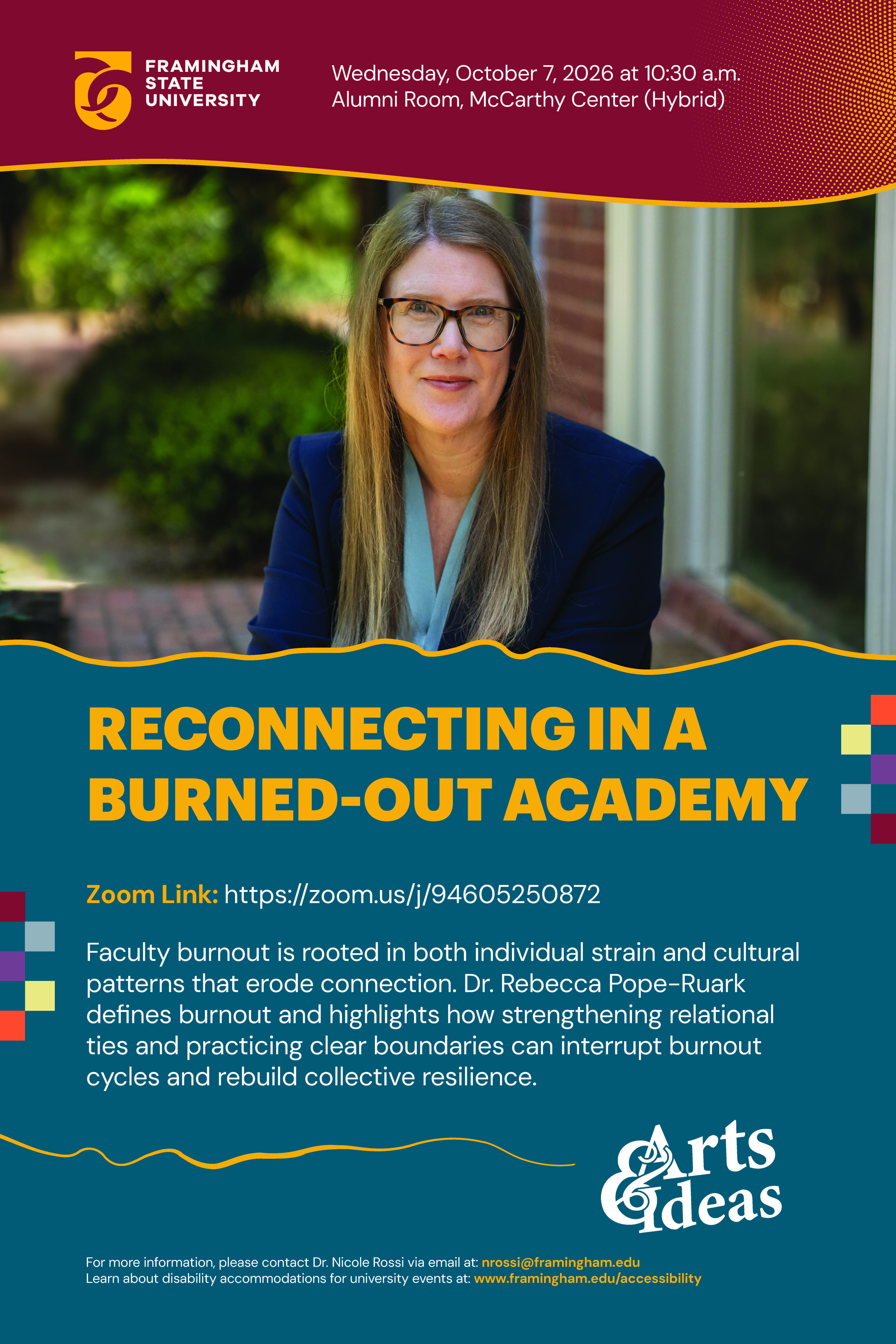 Poster for event titled Reconnecting in a Burned-out academy - description in text on page. Image of Rebecca Pope-Ruark