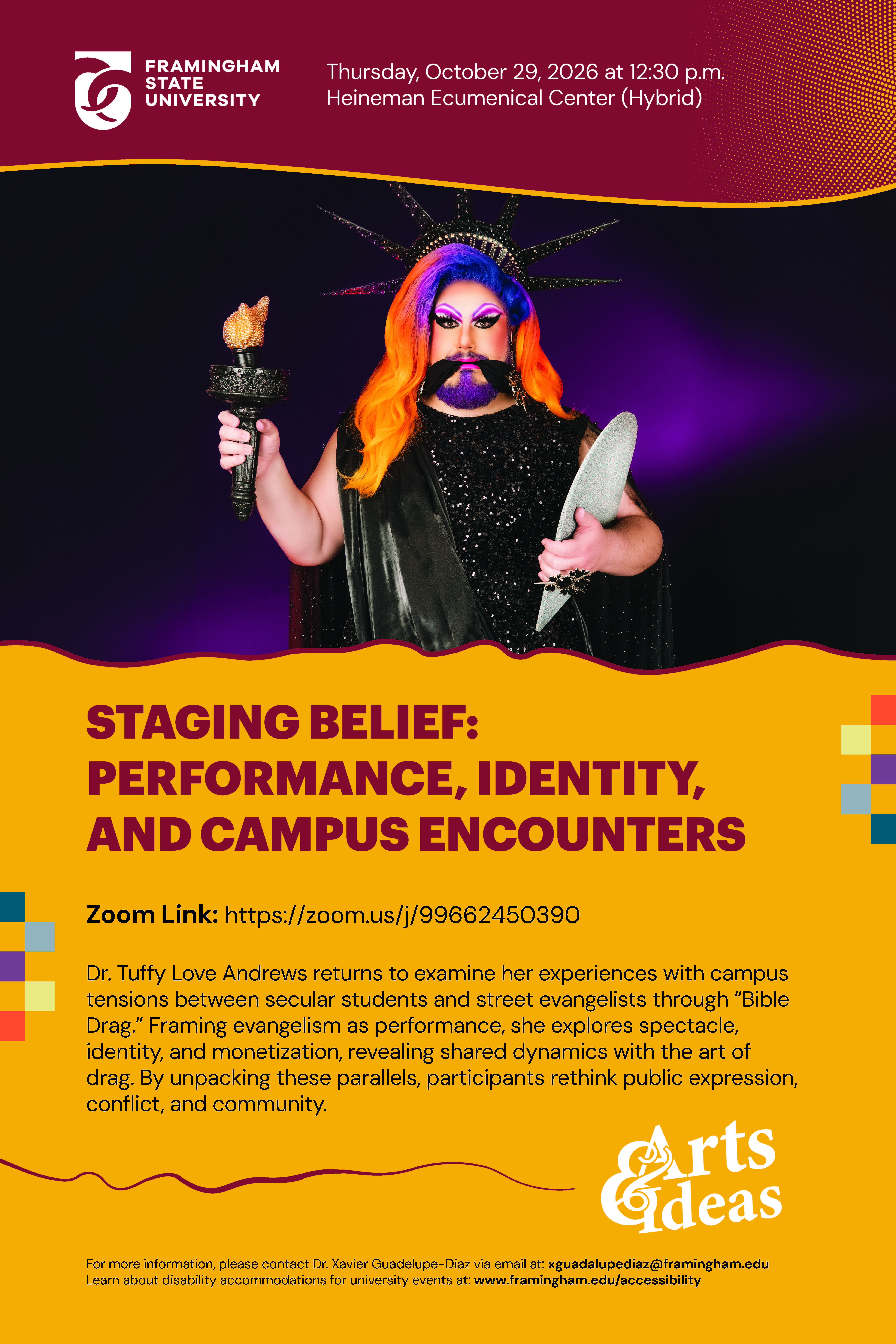 A promotional poster for the event described on the page below featuring an image of Dr. Tuffy Love with his mout gagged and holding a flame like the Statue of Liberty
