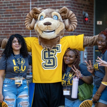 Sam the Ram with Students