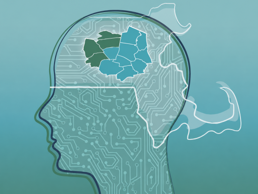 A graphic showing a brain with Massachusetts superimposed over it and the towns that make up MetroWest highlighted