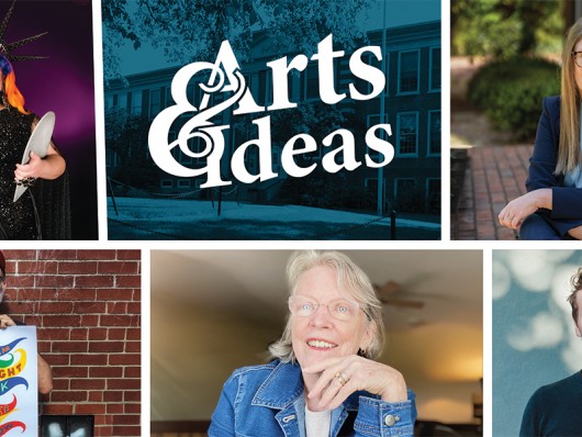 A graphic showing 5 speakers in the Arts & Ideas Series as well as the logo