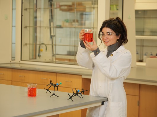 A student in a chemistry lab examining liqued in a beaker