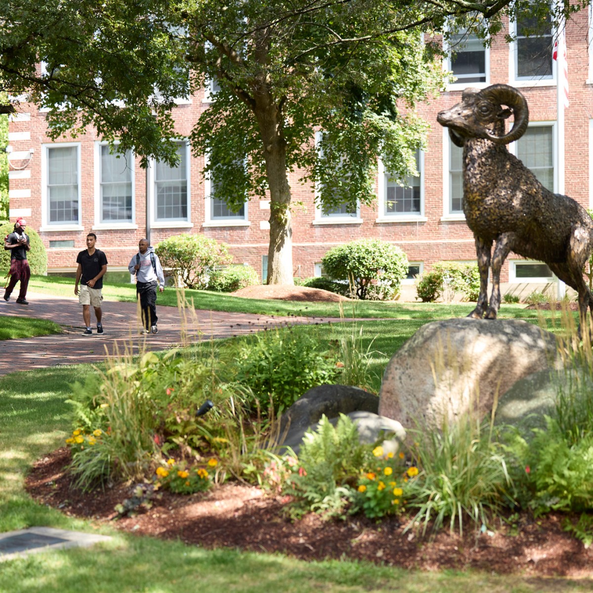Summer campus with Ram statue